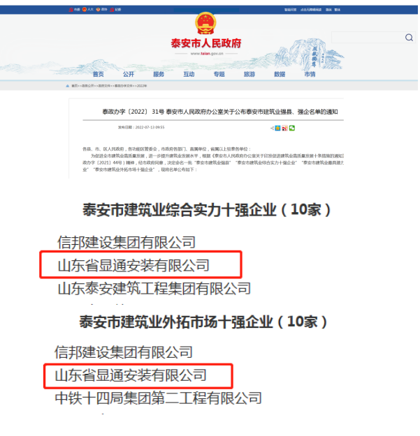 公司荣获“泰安市建筑业综合实力十强企业”、“泰安市建筑业外拓市场十强企业”称号