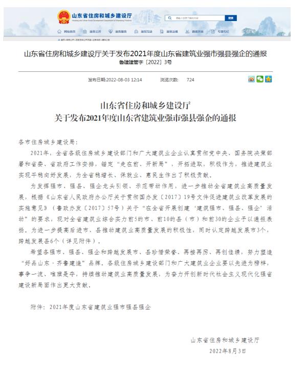公司荣获“山东省建筑业综合实力30强企”称号